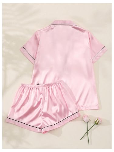 Image of MakeMeChic Women's 2 Piece Pajama Set Graphic Short Sleeve Button Down Shirt and Shorts Set Sleepwear