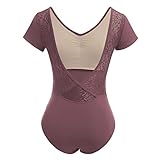 AFAVOM Ballet Leotards for Women Dance Leotards Short Sleeve Lace Ballet Bodysuit Mesh Open Wrap V-backless Gymnastics Leotards High Cut Camisole Leotard Tops Yoga Ballerina Dancewear Coffee M