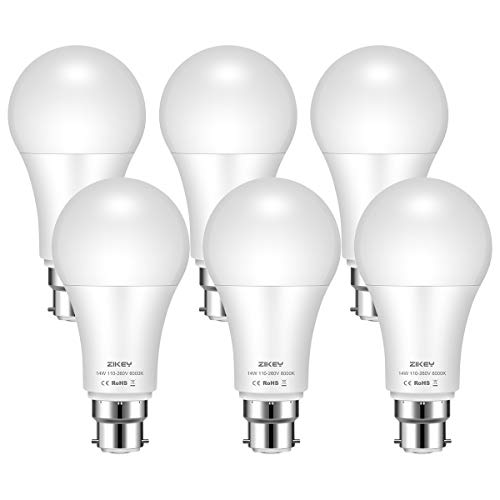 ZIKEY LED B22 Bayonet Light Bulbs, 14W A65 GLS Frosted BC Bulbs, Bright Energy Saving Light Bulbs 110W Equivalent, Cool White 6000K, 1200Lm, Non Dimmable - 6 Pack