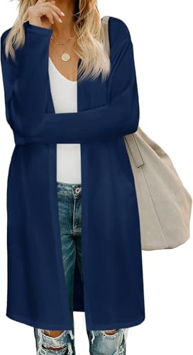 Fisoew Damen Strickjacke Open Front Langarm Cardigan Leicht Strickmantel Lang Pullover mit Taschen,Dunkelblau,L Fisoew Damen Strickjacke Open Front Langarm Cardigan Leicht Strickmantel Lang Pullover mit Taschen,Dunkelblau,L