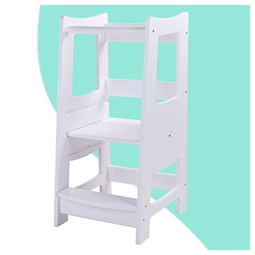 EGREE Toddlers Kitchen Step Stool with Safety Rail Kids Wooden Standing Tower for Kitchen Counter and Bathroom Sink, 3 Heights Adjustable Step Up Stool Mothers' Helper, Solid Wood Construction, White