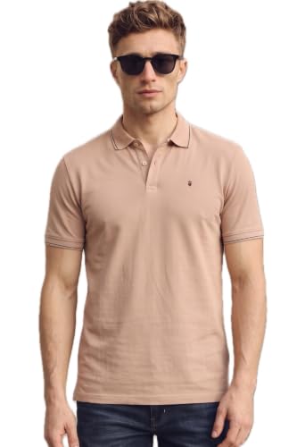 Image of Louis Philippe Men's Slim Fit Single-Tuck Pique Stylized Sleeve Print and Contrast Tipping Half Sleeve Solid Cotton Polo Tshirt