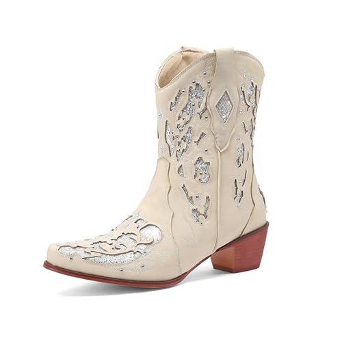 Bottines Western pour femmes FGRID à bout carré et broderies mode