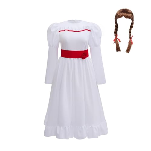 Lito Angels Costume Annabelle Bambola Diabolica Vestito Bianco con Cintura Rossa e Parrucca per Bambina Halloween Carnevale Festa Scolastica Settimana del Libro Eta 10-11 Anni 146