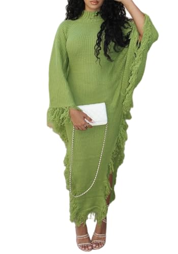 NRTHYE Women Fringe Long Sweater Dresses Knit Turtleneck Batwing Sleeve Sexy Side Slit Tassel Maxi Sweater Dress