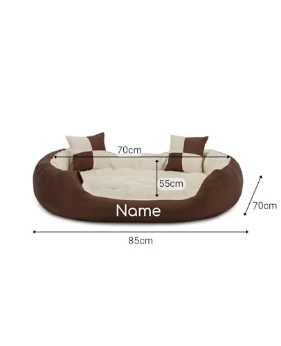 lionto Hundebett 4-in-1 mit Wendekissen aus robustem Oxford, 85x70 cm, Heimtierkissen Kratzfest mit tiefem Einstieg für Katzen und Hunde Aller Größen, wasserabweisend, braun/beige (Namensaufdruck)
