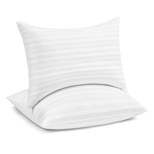 puredown® Goose Feather Down Pillows, Luxury Hotel Collection Bed Pillows for Sleeping Set of 2, 100% Cotton Cover with Silver Stripe, Standard Size