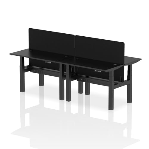 Image of Air Back-to-Back 1200 x 600mm Height Adjustable 4 Person Office Bench Desk Black Top with Cable Ports Black Frame with Black Straight Screen