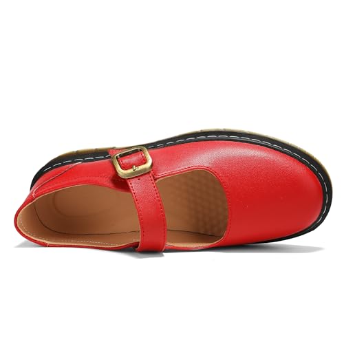 Image of Women's Mary Jane Flat Shoes Comfort Platform Buckle Ankle Strap Flats Breathable Slip On Lightweight Office Work Shoes Red,8 US