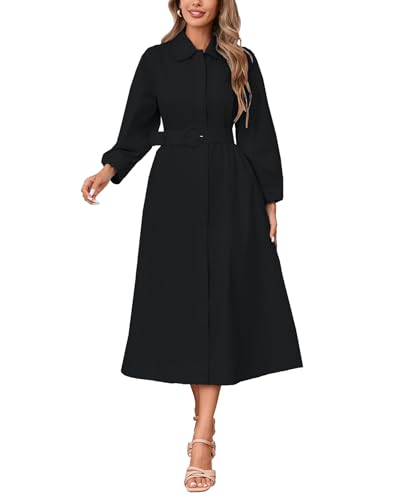 YEXPINE Women Button Down Shirt Dress 3/4 Sleeve V Neck Collared Midi Dress Belted A Line Shirtdress with Pockets Black