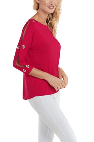 Image of Cable & Gauge Womens 3 /4 Dolman Sleeve Boatneck Cold Shoulder Top with Grommet Detail