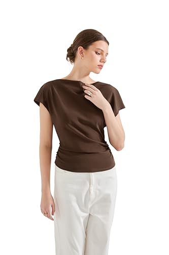 SUUKSESS Women Off The Shoulder Summer Tops One Shoulder T Shirt Casual Short Sleeve Boat Neck Tees3