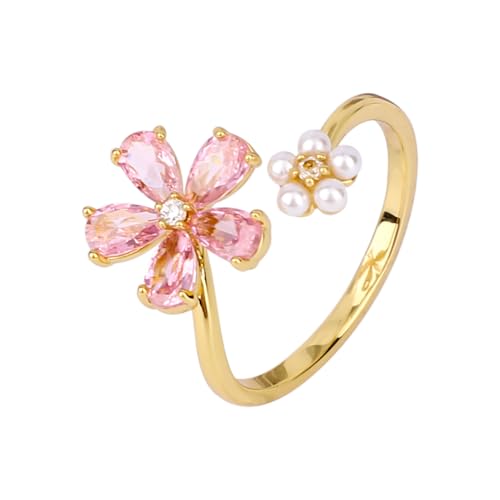 Mikovivi Gold Dainty Flower Ring for Women, Pink Sparkling Cubic Zirconia Stone Daisy Open Ring Adjustable Finger Band Pearl Engagement Promise Rings Statement Jewelry Gift