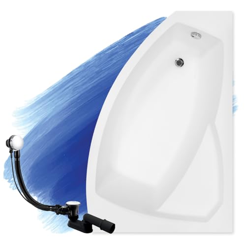 BADLAND Badewanne Original Weiß Acryl Wanne Eckbadewanne RIMA 140x90 Rechts KOMPLETTSET SET + Füßen und Exklusive Chrom Automatik Ablaufgarnitur Made in EU 3in1
