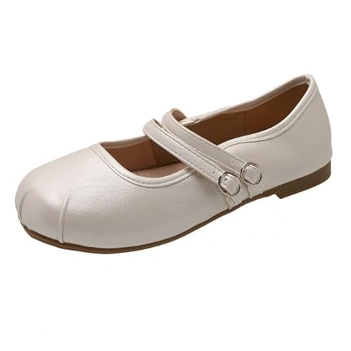 ChaiRong Zhou Women Mary Jane Shoes Pu Leather Double Buckle Straps Round Ballet Flats Casual Dress Shoes