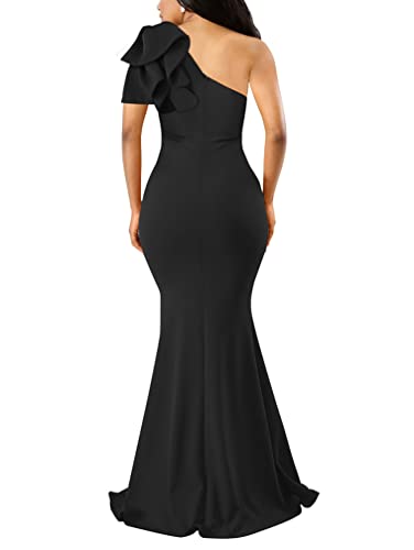 YMDUCH Women's Sexy Sleeveless One Shoulder Ruffle High Split Party Evening Long Formal Dress2