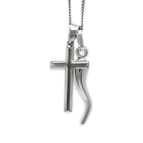 Italian Horn Charm w/Cross - 925 Sterling Silver - Cornicello Pendant - Religious Cross Pendant - 3D Double Sided Pendants - Silver Chain