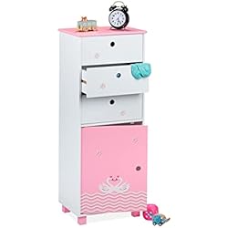 Cajoneras Blancas Infantiles Relaxdays Cómoda Infantil Corazón Cisnes, 3 Cajones y 1 Puerta, Cajonera Dormitorio Niña, 105x42x30 cm, Blanco y Rosa, 105 x 42 x 30 cm Aprox