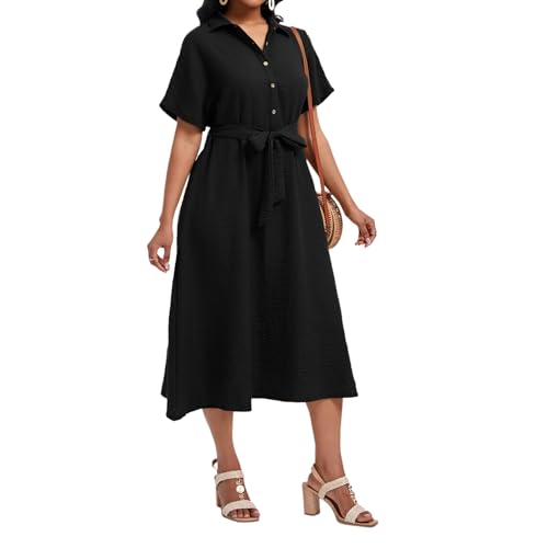 Women's Summer Casual Button Down V Neck Short Sleeve Smocked High Waist A-Line Elegant Belted Midi Dress2