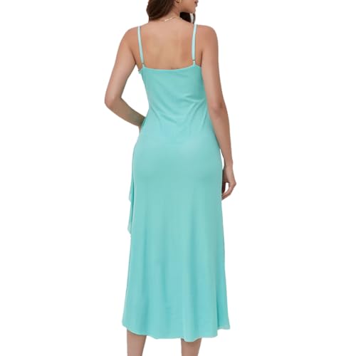Image of Women's Spaghetti Strap Ruffle Side Split Long Dress Bodycon Beach Maxi Dresses