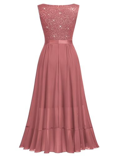 Image of Miusol Women's Vintage V-Neck Sleeveless Sequined Floral Lace Ruffle Split Evening Party Dress | Deep V-neck, sleeveless, sequin lace, ruffle design dress, suit for cocktail party, wedding and banquet