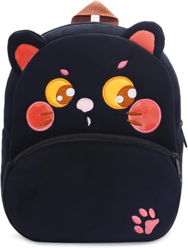 Black Hill Kids Preschool Bag for Boys and Girls, Cute Soft Plush school Animal Cartoon Mini Backpack Little kids bags for 2-5 years Baby/Boys/Girls Nursery, Preschool,Picnic (Black cat)