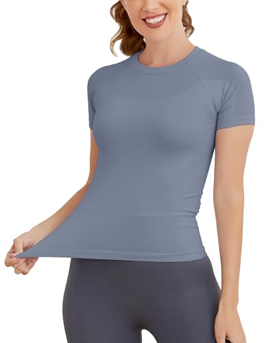MathCat Workout Shirts for Women, Workout Tops for Women Short Sleeve, Seamless Yoga Shirts, Breathable Athletic Gym Tops Slim Fit Grey Blue