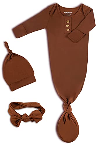 Image of Newborn Baby Knotted Gown, Super Soft Silky Infant Long Sleeve Sleeper with Tie Bottom, Baby Girl and Boy Sleep Gown with Mittens, Bow, and Hat Set, Unisex Plain Coming Home Outfit Saddle Brown