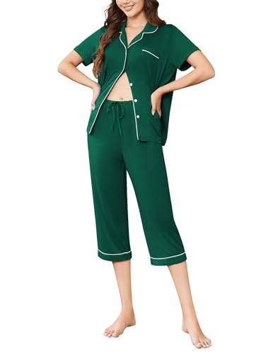 Image of Ekouaer Capri Pajamas for Women Short Sleeve Button Down Sleepwear Comfy Lounge Set 2-Piece Pants Pjs