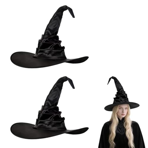 dinghaole 2 Pièces Chapeau de Sorcière, Chapeau Sorciere Noir Witch Hat Tissu Satiné Witch Hat pour Carnaval, Halloween, Fête à Thème, Mascarade, Cosplay