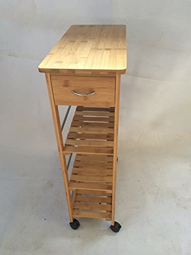 Space-Saving Bamboo Kitchen Trolley Cart with Drawer, Utility Organizer Rack, 4-Tier Slimline Bamboo Kitchen Islands Storage Trolley Cart