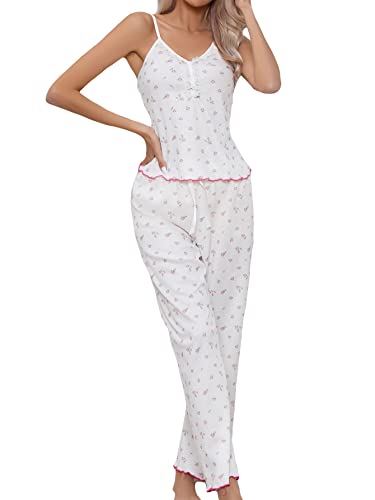 Verdusa Women's 2 Piece Floral Print Pajama Sets Lace Trim V Neck Cami And Pants Sets White S #TOP12