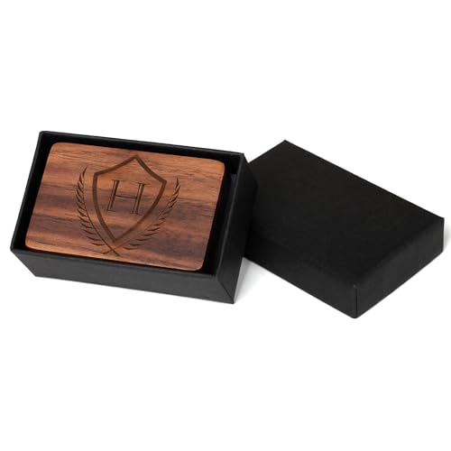 Image of Mens Initial Cufflinks and Tie Clip A-Z Alphabet Letter Black Stainless Cuff Links Tie Bar with Engraved Walnut Wood Box Groom Groomsman Wedding Set