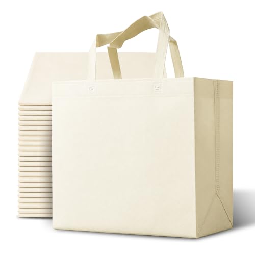 Bagways 50 Pack Reusable Grocery Bags Bulk Large Non-Woven Shopping Bags with Handles Foldable Washable Heavy Duty Eco-Friendly 14x6.5x14 Inch Cream Totes for Groceries Boutiques & Events
