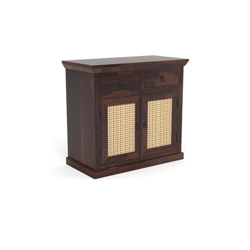 Image of Small Wooden Cabinet for Living /Dining /Drawing /Bedroom & Office with 2 Drawers & Doors | Solid Wood Sheesham | Walnut Finish | Design - Cane
