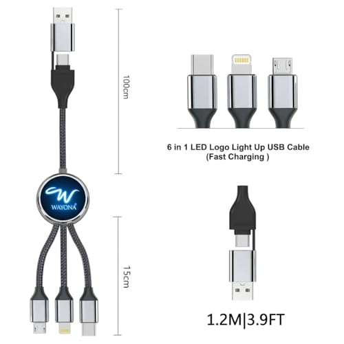 Image of Wayona All in One 6-in-1 Charging Cable, USB-A & Type-C to Type-C, Lightning, Micro-USB, Fast Charging Lightup Cable 60W for iPhone,Android,Power Bank & Laptop