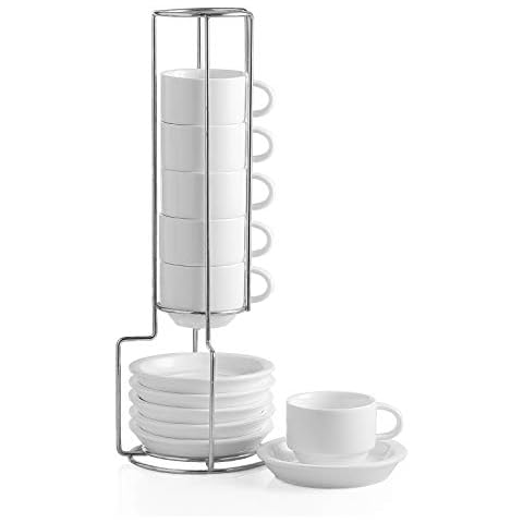 Sweejar Porcelain Espresso Cup & Saucer Set, Stackable Demitasse Cups with Metal Stand, 70 ml for Latte,Coffee,Cafe Mocha,Tea, Set of 6 (White) Cover