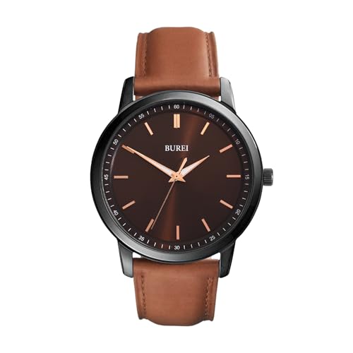 BUREI Modische Herrenuhren, minimalistische Armbanduhren für Herren, braunes Leder, analoge Armbanduhr mit schlankem Gehäuse, Relojes para Hombres, Dunkelbraun, Modisch, klassisch, multifunktional