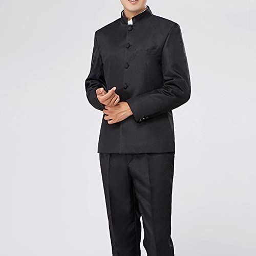 Men 2 Pieces Chinese Tunic Suits Traditional Formal Uniform Blazer Pant Set Vintage Classic Stand Collar Suit Set (Black,XX-Large)2