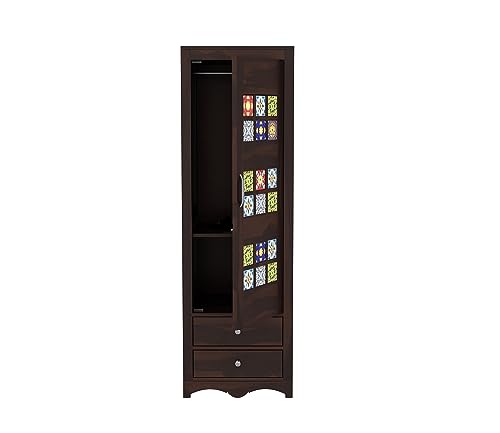 Image of Sheesham Wood Wooden Single Door Wardrobe Organizer for Clothes | - Solid Wood Almirah with 2 Drawers, 2 Shelves - Cupboard for Large Bedroom (Design 20)
