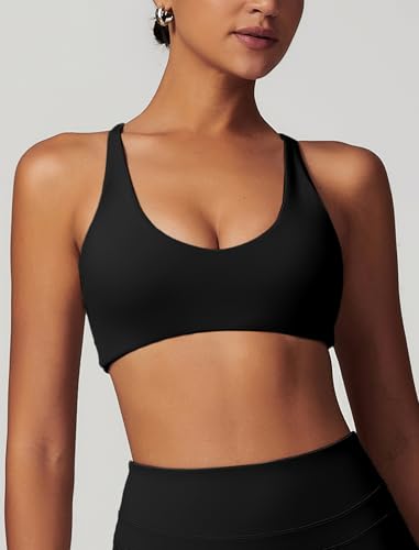 Image of ABOCIW Womens V Neck Twist Back Sports Bra Padded Low Impact Fitness Yoga Bra Workout Crop Top