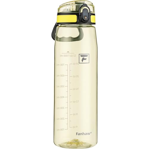 Image of Fanhaw 32 oz Clear Plastic Water Bottle, BPA Free Leakproof Tritan Sports Water Bottle with Chug Lid, Wide Mouth Reusable Bottle for Gym, Travel, School & Office (Imperial Yellow)