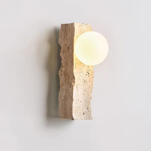 Kikioo Applique murale en travertin jaune, style wabi-sabi, avec abat-jour sphérique blanc et pierre de travertin. Applique murale moderne en pierre naturelle pour chambre, salon ou cuisine.