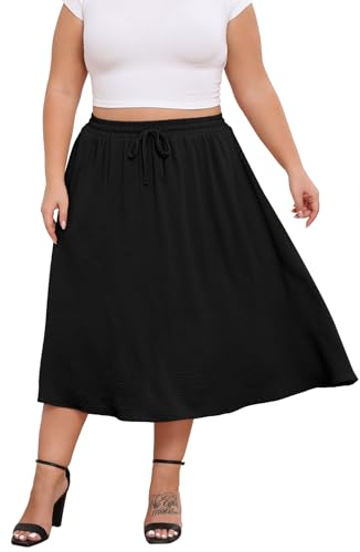 Lastshe Women's Plus Size Midi Skirts Elastic High Waisted Casual Loose Boho A-Line Flowy Skirt with Pockets3
