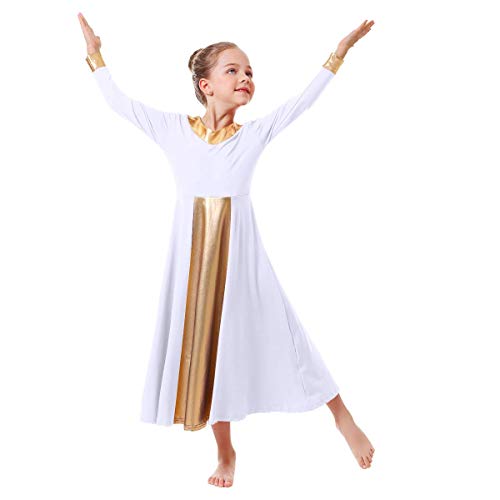 image for IBAKOM Girls Metallic Gold V-Neck Praise Dance Dresses Liturgical Lyri