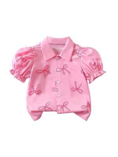 WDIRARA Toddler Girl's Bow Print Button Down Shirt Puff Sleeve Blouse Cute Top