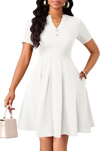 Womens Short Sleeve V Neck Casual Semi-Formal Dress Wedding Guest Cocktail Dresses with Pockets