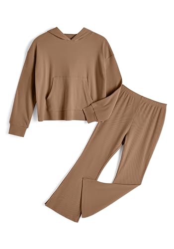 Image of Girls 2 Piece Hoodie Bell Bottom Sweatsuit Fall Outfit Set | Long Sleeve,front pocket,side-slit flare,machine washable,soft rayon-blend,skin-friendly,stretchy,durable