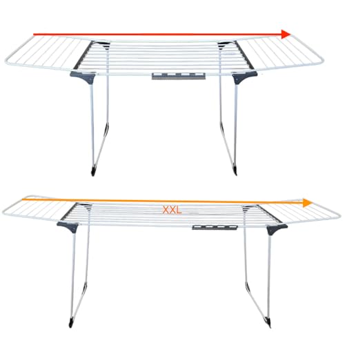 CORIBI Étendoir à Linge XXL Plus- Extensible jusqu'à 2 m - capacité 30 m - Ailes Hautes - Deux Accessoires Porte-Chaussettes