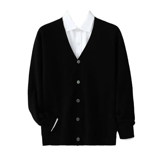 Men's V Neck Cardigan Sweater Single Breasted Loose Fitting Knitted Wool Sweater Tops Black